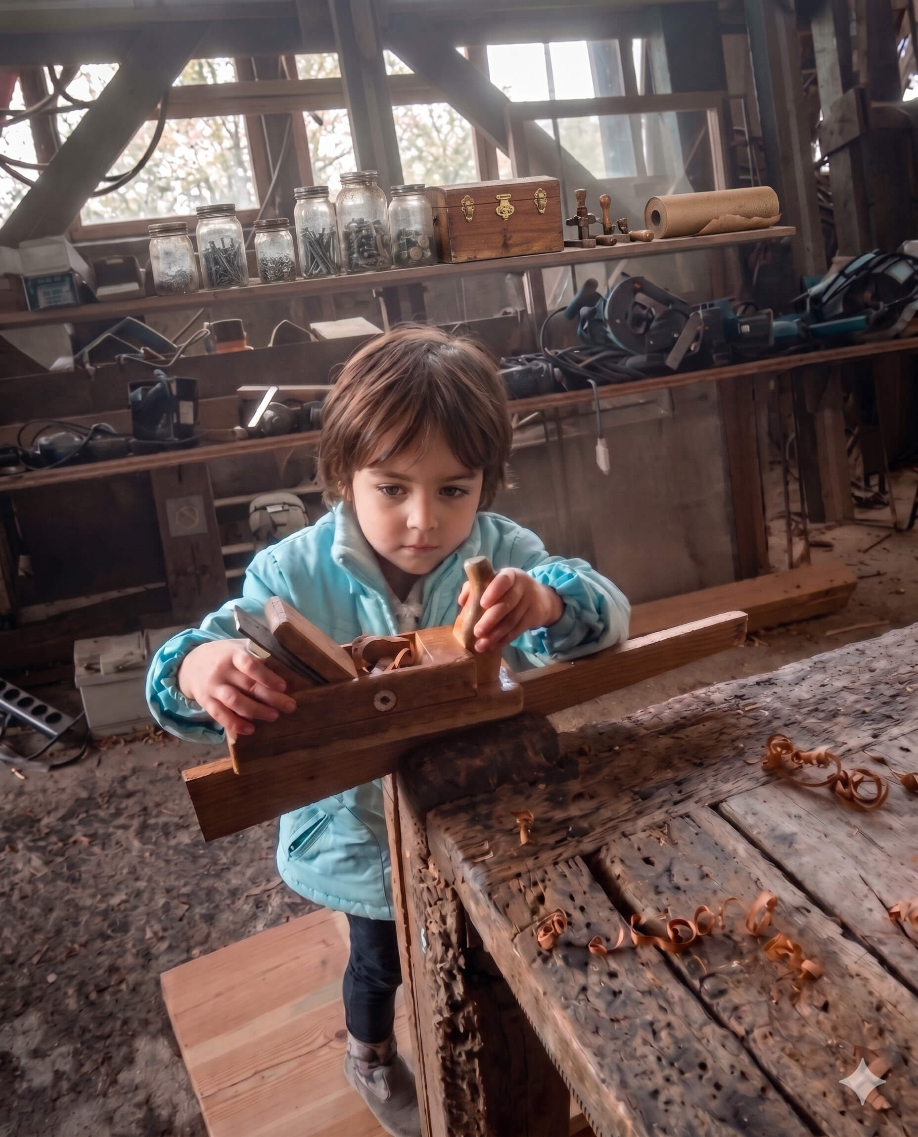 Bambina molto piccola sperimenta con curiosita' un attrezzo da falegnameria su un banco da lavoro.