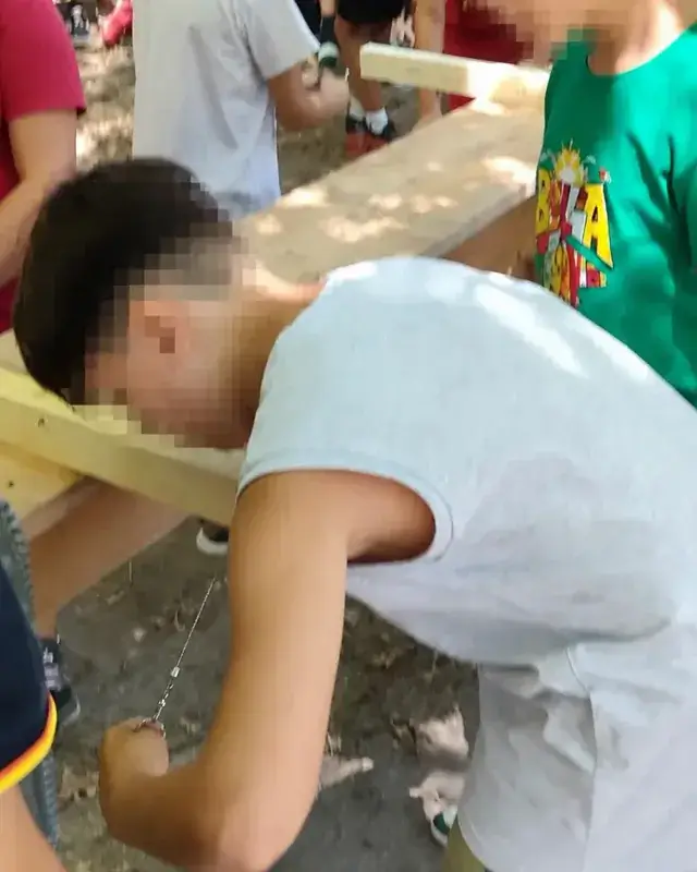 I ragazzi lavorano da vicino intorno a una struttura costruita con elementi di legno.